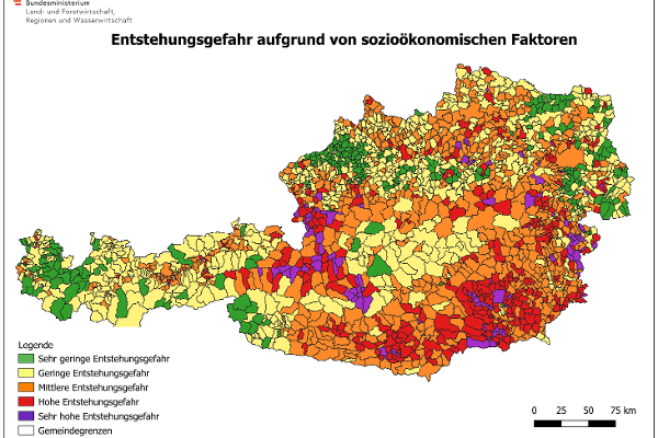 Risikokarte für die sozioökonomische Entstehungsgefahr von Waldbränden