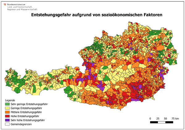 Risikokarte für die sozioökonomische Entstehungsgefahr von Waldbränden