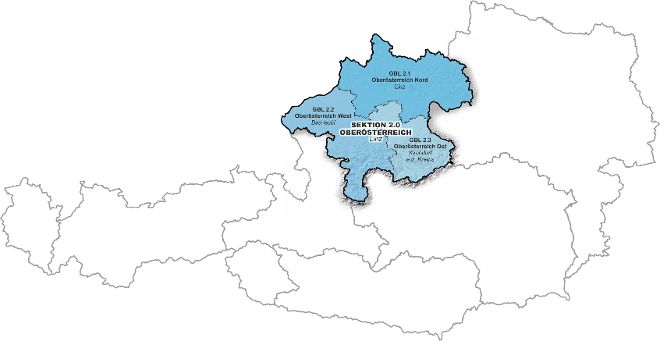 Österreichkarte mit Markierung von Oberösterreich der Wildbach- und Lawinenverbauung