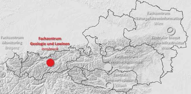 Österreichkarte der Fachzentren für Geologie und Lawinen der Wildbach- und Lawinenverbauung