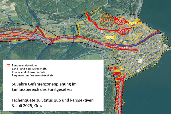 Einladung zur Fachenquete im Namen des Bundesministeriums zu 50 Jahre Gefahrenzonenplanung im Einflussbereich des Forstgesetzes - Fachenquete zu Status Quo und Perspektiven am 3 Juli 2025 in Graz. Das Hintergrundbild zeigt eine beispielhafte Gemeinde an einem See mit roten und gelben Gefahrenzonen für Wasser sowie Rutschungsflächen.