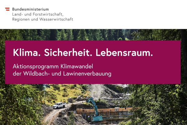 Cover des Aktionsprogramms Klimawandel der Wildbach- und Lawinenverbauung. Klima.Sicherheit.Lebensraum. 