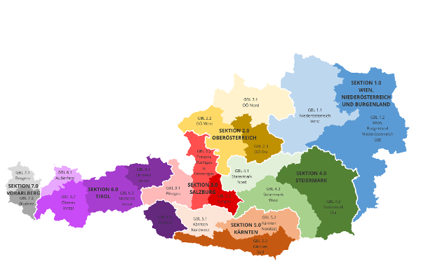 Die Wildbach- und Lawinenverbauung ist in 7 Sektionen und 21 Gebietsbauleitungen unterteilt. Im Osten des Landes befindet sich die Sektion Wien, Niederösterreich und Burgenland mit 2 Gebietsbauleitungen. Die Sektionen Oberösterreich, Salzburg, Steiermark und Kärnten setzten sich jeweils aus 3 Gebietsbauleitungen zusammen. Die Sektion Tirol besteht aus 5 Gebietsbauleitungen und die Sektion Vorarlberg, im Westen des Landes, setzt sich aus 2 Gebietsbauleitungen zusammen.