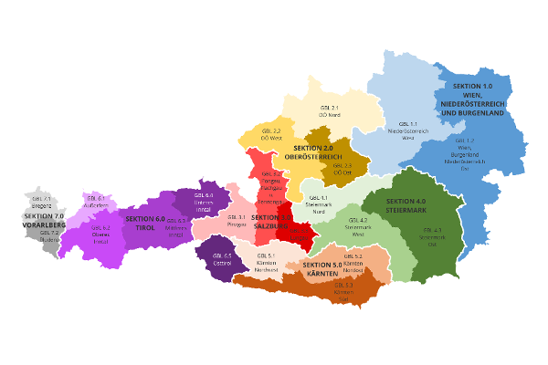 Die Wildbach- und Lawinenverbauung ist in 7 Sektionen und 21 Gebietsbauleitungen unterteilt. Im Osten des Landes befindet sich die Sektion Wien, Niederösterreich und Burgenland mit 2 Gebietsbauleitungen. Die Sektionen Oberösterreich, Salzburg, Steiermark und Kärnten setzten sich jeweils aus 3 Gebietsbauleitungen zusammen. Die Sektion Tirol besteht aus 5 Gebietsbauleitungen und die Sektion Vorarlberg, im Westen des Landes, setzt sich aus 2 Gebietsbauleitungen zusammen.