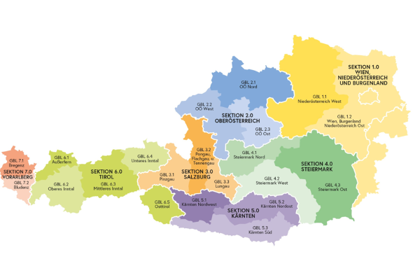 Die Wildbach- und Lawinenverbauung ist in 7 Sektionen und 21 Gebietsbauleitungen unterteilt. Im Osten des Landes befindet sich die Sektion Wien, Niederösterreich und Burgenland mit 2 Gebietsbauleitungen. Die Sektionen Oberösterreich, Salzburg, Steiermark und Kärnten setzten sich jeweils aus 3 Gebietsbauleitungen zusammen. Die Sektion Tirol besteht aus 5 Gebietsbauleitungen und die Sektion Vorarlberg, im Westen des Landes, setzt sich aus 2 Gebietsbauleitungen zusammen.