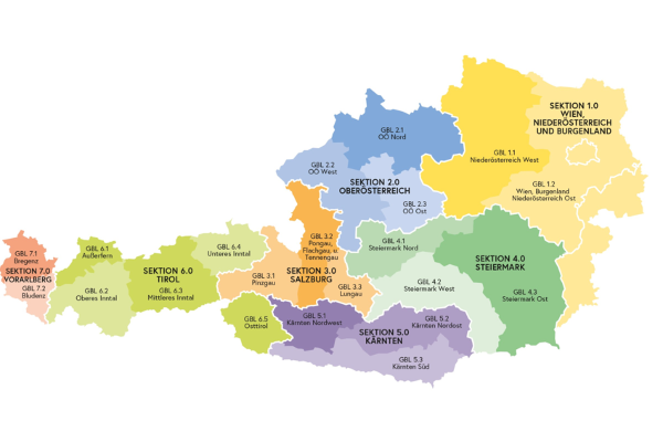 Die Wildbach- und Lawinenverbauung ist in 7 Sektionen und 21 Gebietsbauleitungen unterteilt. Im Osten des Landes befindet sich die Sektion Wien, Niederösterreich und Burgenland mit 2 Gebietsbauleitungen. Die Sektionen Oberösterreich, Salzburg, Steiermark und Kärnten setzten sich jeweils aus 3 Gebietsbauleitungen zusammen. Die Sektion Tirol besteht aus 5 Gebietsbauleitungen und die Sektion Vorarlberg, im Westen des Landes, setzt sich aus 2 Gebietsbauleitungen zusammen. 