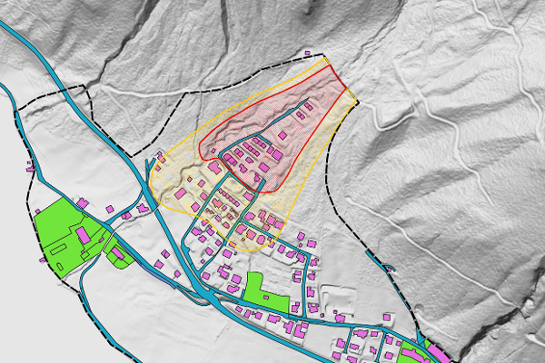 Darstellung von GZP, sowie Gebäuden und Gewerbeflächen aus der DKM für die Dalfaz-Lawine