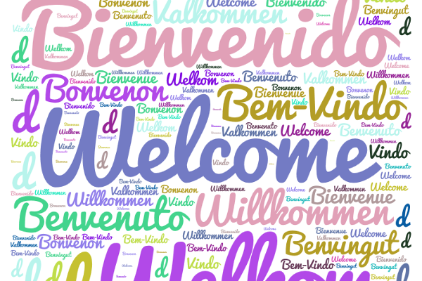 A colorful wordcloud with the word welcome in different languages
