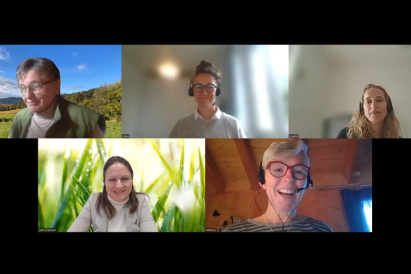 Screenshot of the Webinar "in dialogue with the we4DRR Steering Committee " showing the moderator of the meeting and four steering committee members, first row from left to right: Barbara Hinterstoisser (moderation), Helen Gosteli and Lydia Pedoth; second row from left two right: Catrin Promper and Niki Beyer Portner