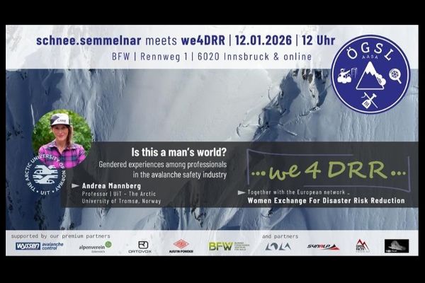 Screenshot of the Webinar "Is this a man’s world? Gendered experiences among professionals in the avalanche safety industry " showing the title slide of the presentation. 