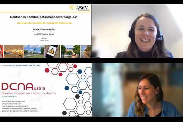 Screenshot of the Webinar "Dialogue across networks - we4DRR meets DCNA and DKKV" showing the title slides of the network DCNA and DKKV and the two presenters from both networks: above Ronja Winkhardt-Enz from the German Committee for Disaster Risk Reduction (DKKV); below Susanna Wernhart from the Disaster Competence Network Austria (DCNA)