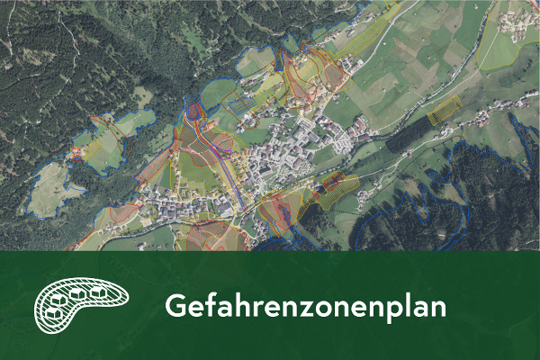 Vogelperspektive einer Landschaft und Text: "Gefahrenzonenplan"