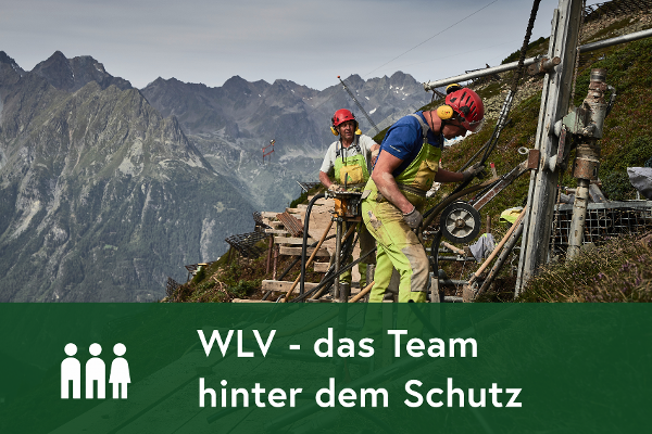 Foto von Arbeitern an einer Lawinenverbauung und Text: "WLV - das Team hinter dem Schutz"