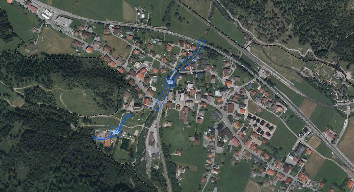 Der Kartenausschnitt zeigt einen blauen Vorbehaltsbereich in der Gemeinde Bichlbach. Die Abkürzung TM steht für Technische Maßnahme.