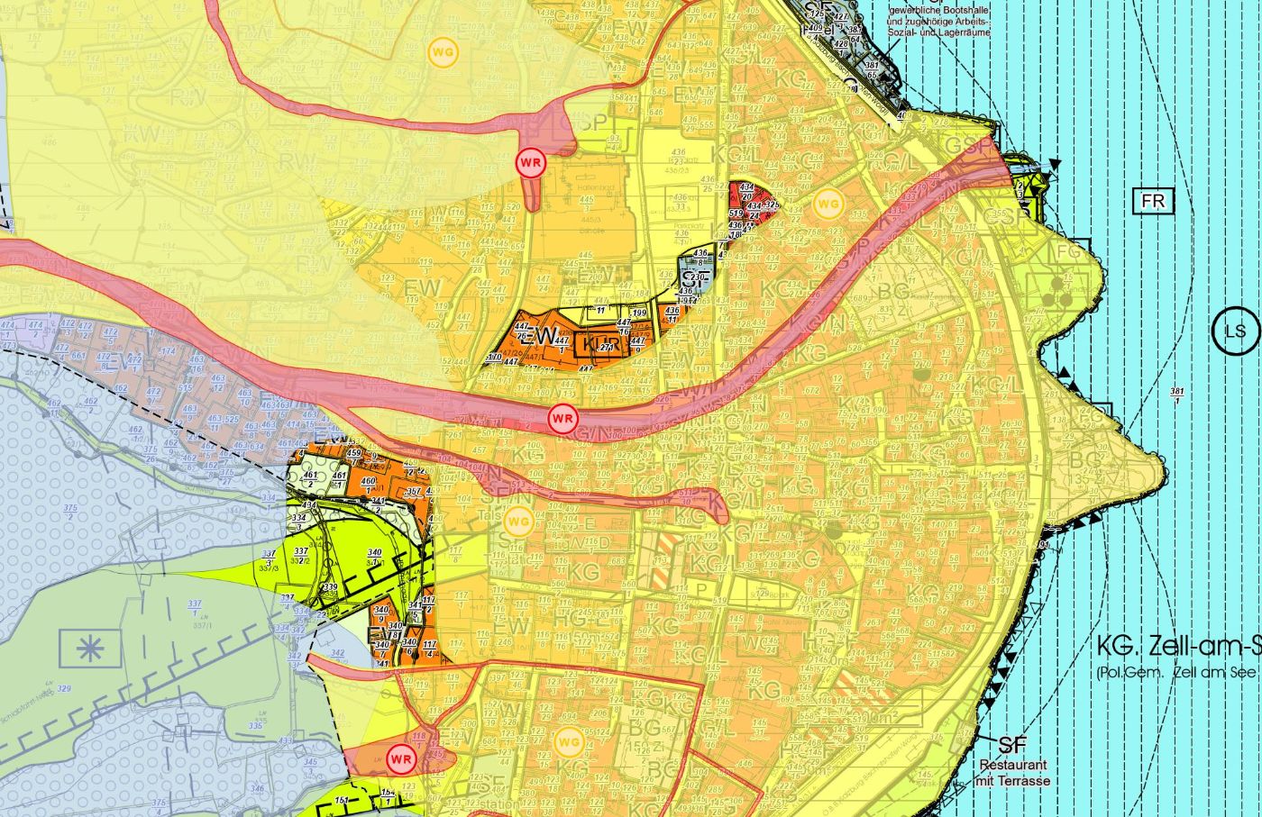Ausschnitt eines Flächenwidmungsplans mit der Überlagerung des Gefahrenzonenplans in der Gemeinde Zell am See
