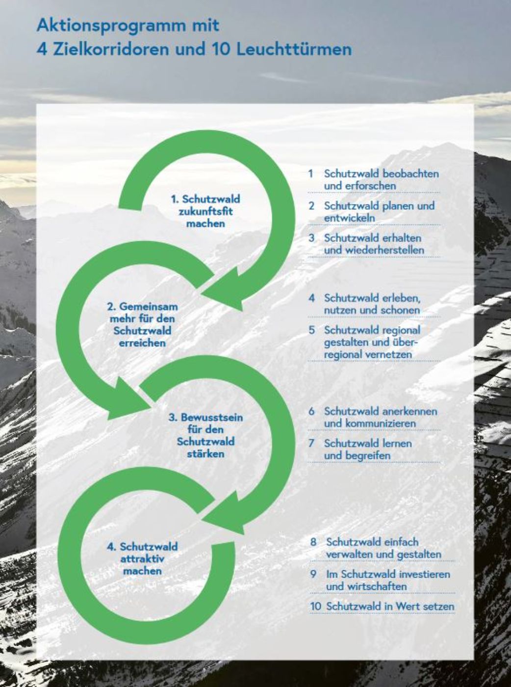 Das Aktionsprogramm Schutzwald setzt sich aus 4 Zielkorridoren mit 10 Leuchttürmen zusammen. Ziel des Aktionsprogramms ist es, den Schutzwald klimafit zu machen, gemeinsam mehr für den Schutzwald zu erreichen. Auch sollte das Bewusstsein für den Schutzwald gestärkt werden.
