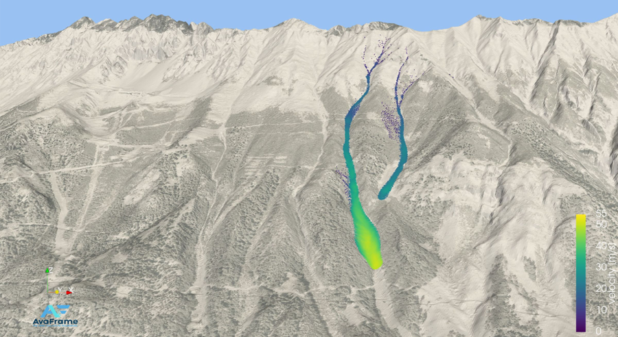 Beispiel für eine Lawinensimulation mit AvaFrame welches die Fließgeschwindigkeit von zwei simulierten Lawinenabgängen darstellt und dessen Reichweite. 