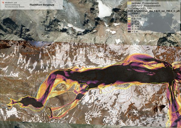 Topographische Karte des Fluchthorn Bergsturzes, mit Ablagerungstiefen des Modells in Metern.