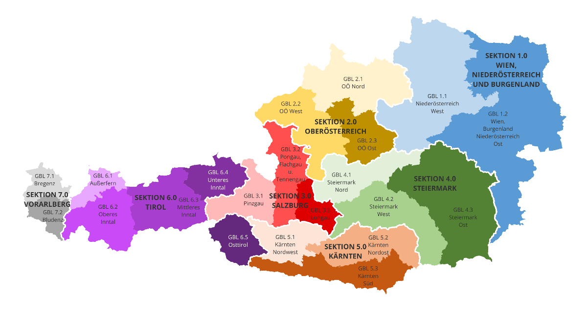 Die Wildbach- und Lawinenverbauung ist in 7 Sektionen und 21 Gebietsbauleitungen unterteilt. Im Osten des Landes befindet sich die Sektion Wien, Niederösterreich und Burgenland mit 2 Gebietsbauleitungen. Die Sektionen Oberösterreich, Salzburg, Steiermark und Kärnten setzten sich jeweils aus 3 Gebietsbauleitungen zusammen. Die Sektion Tirol besteht aus 5 Gebietsbauleitungen und die Sektion Vorarlberg, im Westen des Landes, setzt sich aus 2 Gebietsbauleitungen zusammen.