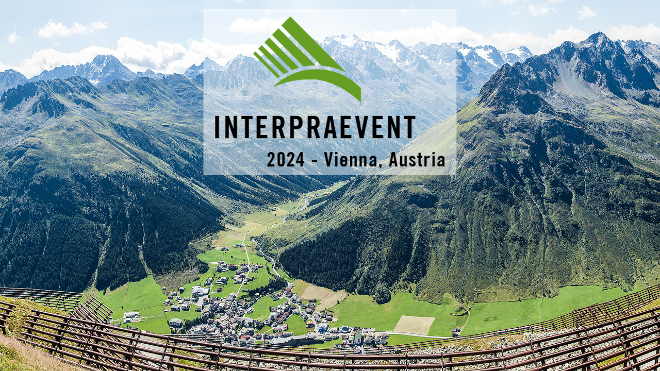 Interpraevent 2024: Foto mit Bergpanorama und Logo