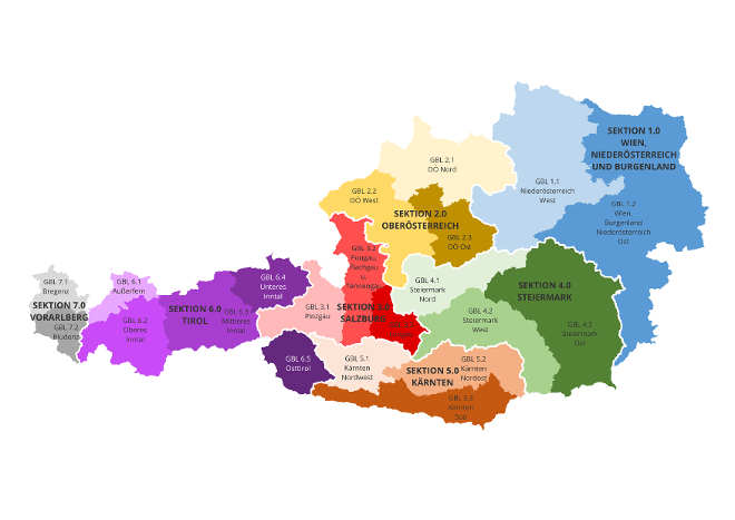 Die Wildbach- und Lawinenverbauung ist in 7 Sektionen und 21 Gebietsbauleitungen unterteilt. Im Osten des Landes befindet sich die Sektion Wien, Niederösterreich und Burgenland mit 2 Gebietsbauleitungen. Die Sektionen Oberösterreich, Salzburg, Steiermark und Kärnten setzten sich jeweils aus 3 Gebietsbauleitungen zusammen. Die Sektion Tirol besteht aus 5 Gebietsbauleitungen und die Sektion Vorarlberg, im Westen des Landes, setzt sich aus 2 Gebietsbauleitungen zusammen.