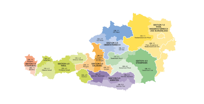 Die Wildbach- und Lawinenverbauung ist in 7 Sektionen und 21 Gebietsbauleitungen unterteilt. Im Osten des Landes befindet sich die Sektion Wien, Niederösterreich und Burgenland mit 2 Gebietsbauleitungen. Die Sektionen Oberösterreich, Salzburg, Steiermark und Kärnten setzten sich jeweils aus 3 Gebietsbauleitungen zusammen. Die Sektion Tirol besteht aus 5 Gebietsbauleitungen und die Sektion Vorarlberg, im Westen des Landes, setzt sich aus 2 Gebietsbauleitungen zusammen. 