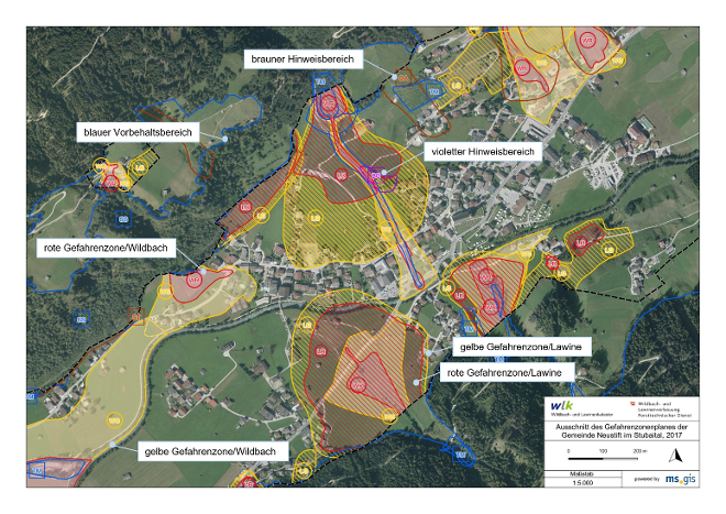 Der Gefahrenzonenplan stellt die Gefahrenzonen in den jeweiligen Gebieten dar. 